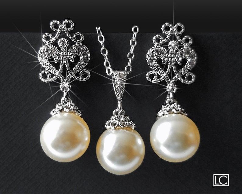 زفاف - Pearl Bridal Jewelry Set, Swarovski Ivory Pearl Drop Set, Pearl Earrings&Necklace Jewelry Set, Wedding Jewelry Sets, Bridesmaids Pearl Set