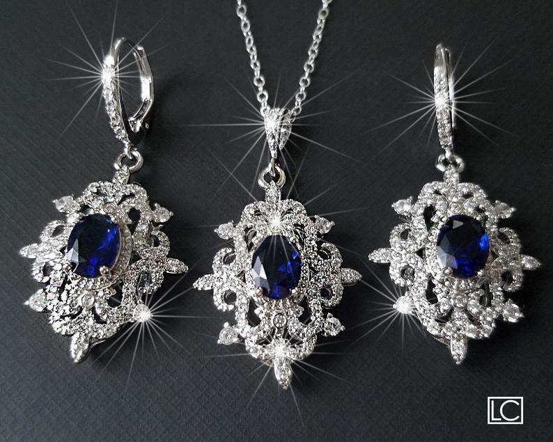 Hochzeit - Bridal Jewelry Set, Wedding Earrings&Necklace Set, Navy Blue Silver Halo Jewelry Set, Vintage Bridal Jewelry Sapphire Blue Victorian Jewelry