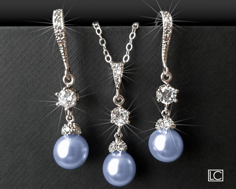 Hochzeit - Blue Pearl Wedding Jewelry Set, Swarovski 8mm Light Blue Earrings&Necklace Set, Bridal Pearl Jewelry Set, Blue Pearl Drop Bridesmaid Jewelry