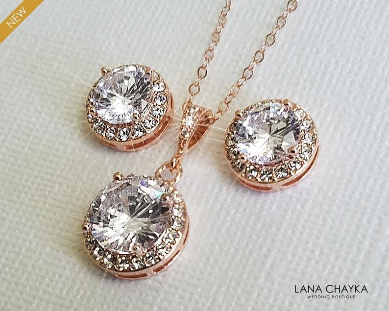 Mariage - Rose Gold Bridal Jewelry Set, Cubic Zirconia Halo Earrings&Necklace Set, Pink Gold Wedding Jewelry Set, Earring Studs Pendant Jewelry Set