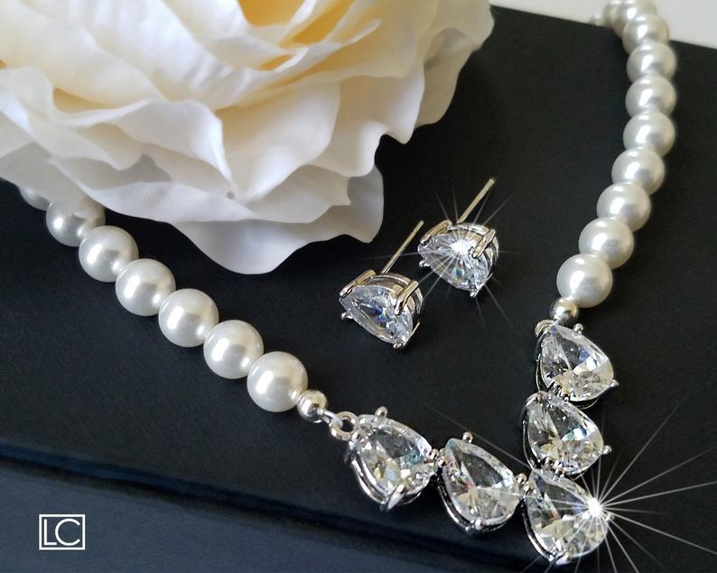 Wedding - Pearl Bridal Jewelry Set, Swarovski White Pearl Earrings&Necklace Set, Wedding Pearl Silver Jewelry, White Pearl Jewelry, Bridal Party Gift