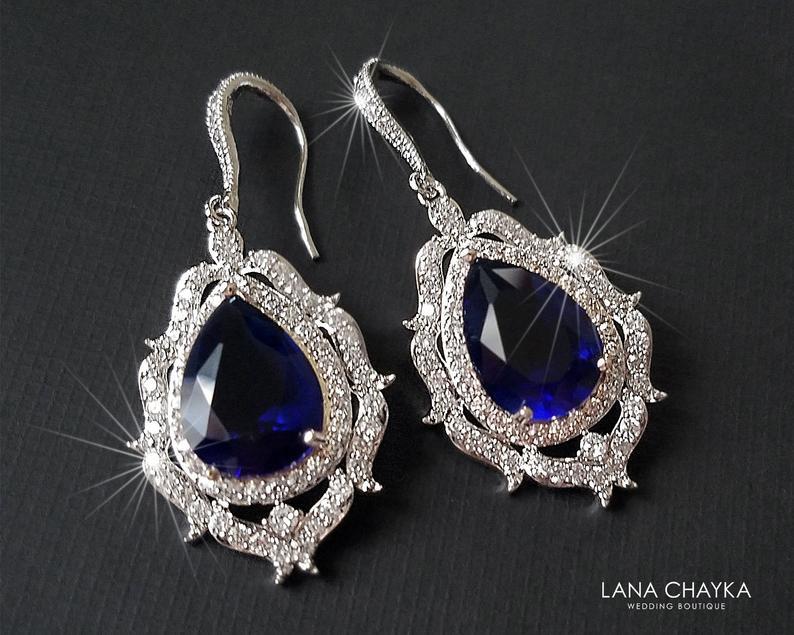 زفاف - Navy Blue Crystal Bridal Earrings, Wedding Sapphire Teardrop Earrings, Bridal Blue CZ Jewelry, Blue Chandelier Earrings, Statement Earrings