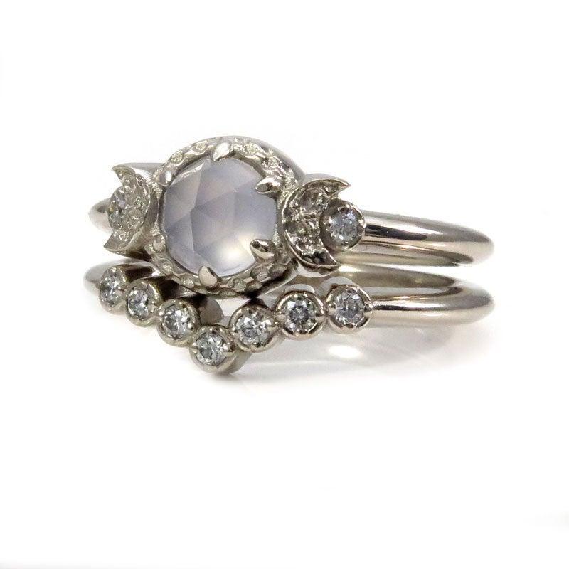 Hochzeit - Rose Cut Blue Chalcedony and Diamond Crescent Moon Engagement Ring Set - Boho Modern Ring Set