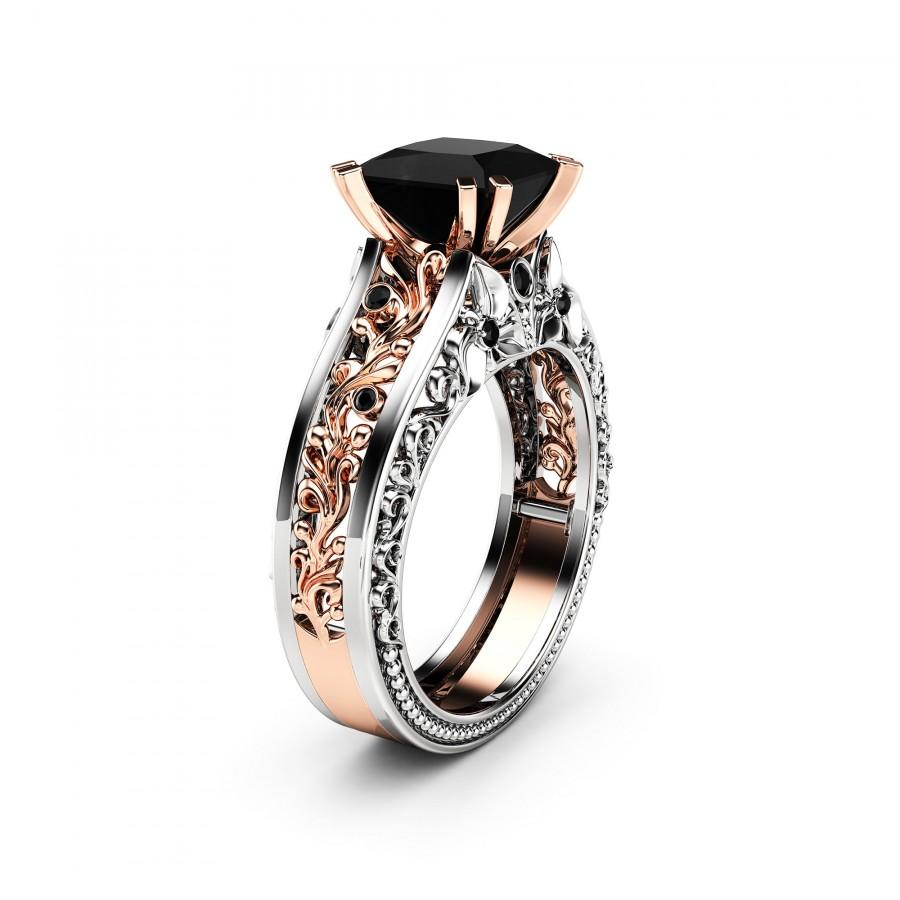 Wedding - Princess Black Diamond Engagement Ring  14K Two Tone Gold Ring Victorian Black Diamond Engagement Ring