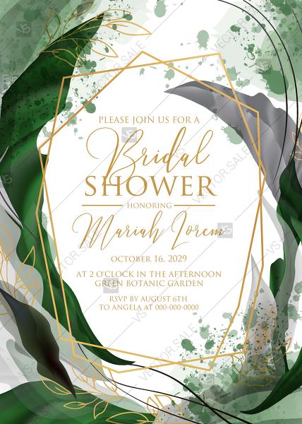 Hochzeit - Bridal shower wedding invitation set watercolor splash greenery floral wreath, floral, herbs garland gold frame PDF 5x7 in