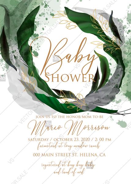 Mariage - Baby shower wedding invitation set watercolor splash greenery floral wreath, floral herbs garland gold frame PDF 5x7 in editor