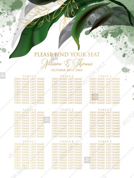 Hochzeit - Seating chart wedding invitation set watercolor greenery floral wreath, herbs garland gold frame PDF 5x7 in edit online