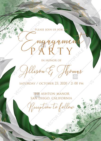 Wedding - Engagement wedding invitation set watercolor splash greenery floral wreath, floral, herbs garland gold frame PDF 5x7 in maker