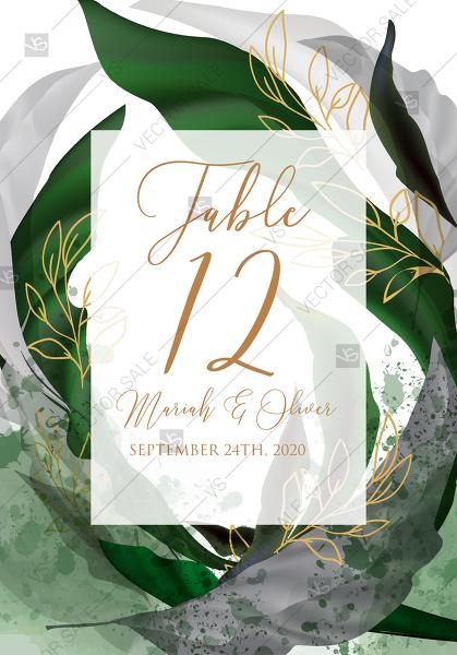 Mariage - Table card wedding invitation set watercolor splash greenery floral wreath, herbs garland gold frame PDF 3.5x5 in edit template