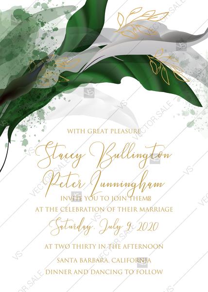 زفاف - Wedding invitation set watercolor splash greenery floral wreath, floral, herbs garland gold frame PDF 5x7 in online maker