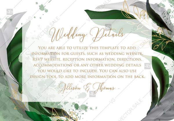 Hochzeit - Wedding details card invitation set watercolor splash greenery floral wreath, herb garland gold frame PDF 5x3.5 in online editor