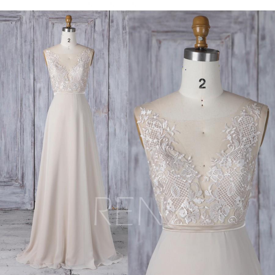 Hochzeit - Bridesmaid Dress Cream Chiffon Wedding Dress Illusion Lace Boat Neck Maxi Dress V Back Party Dress Sleeveless A-Line Evening Dress(L397A)