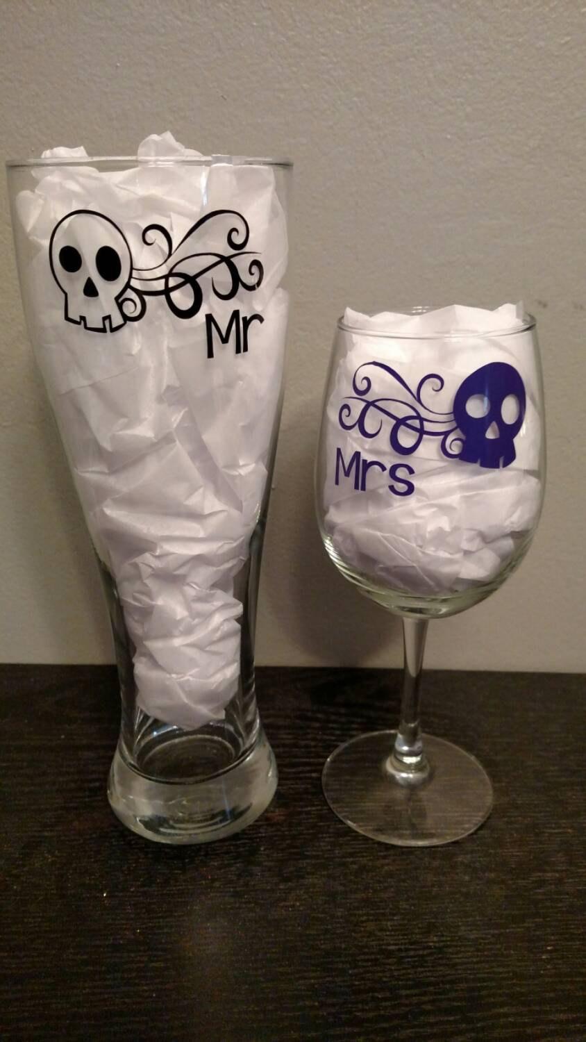 Wedding - Mr and Mrs Wine & Beer Skull Skulls Theme Goth Gothic Sugar Glass Set Just Married Wedding Gift Bride Groom *Glitter Option*