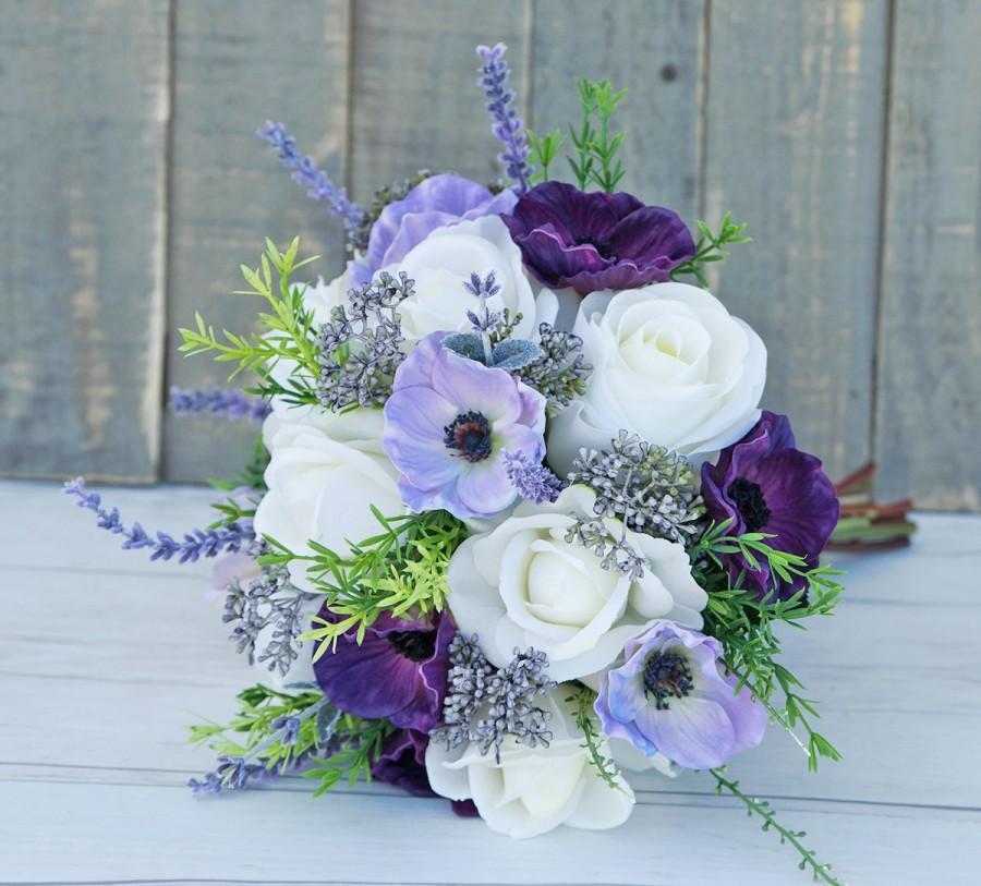 Свадьба - Purple Wedding Bouquet, Anemone Bouquet, Garden Bouquet, Rustic Bouquet, Silk Wedding Bouquet, Lavender Bouquet, Real Touch Bouquet