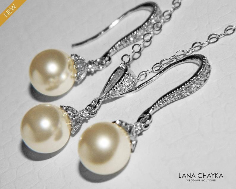 زفاف - Bridal Pearl Earrings and Necklace Set STERLING SILVER Small Drop Pearl Set Swarovski 8mm Ivory Pearl Necklace&Earring Set Wedding Jewelry