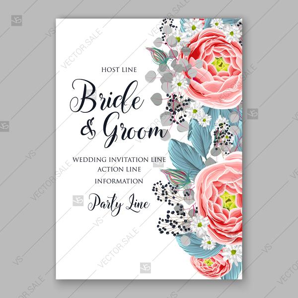 Wedding - Ranunculus coral wedding invitation watercolor vector card template thank you card