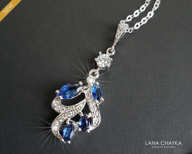 Wedding - Navy Blue Bridal Necklace, Sapphire Blue Crystal Pendant, Wedding Blue Floral Pendant, Bridal Jewelry Wedding Blue Jewelry Bridal Party Gift
