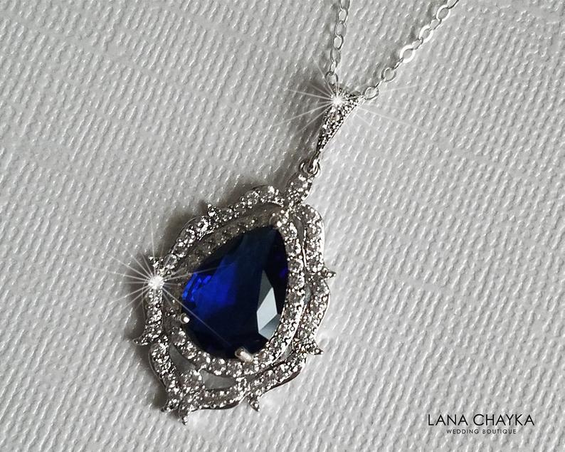 Hochzeit - Navy Blue Bridal Necklace, Dark Blue Teardrop Pendant, Sapphire Blue Halo Necklace, Wedding Jewelry, Bridal Blue Jewelry, Bridal Party Gift