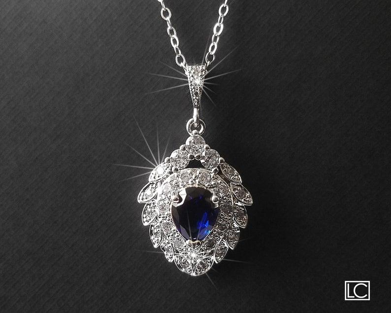زفاف - Navy Blue Bridal Necklace, Sapphire Blue Cubic Zirconia Pendant, Wedding Bridal Crystal Necklace, Navy Bridal Jewelry Blue Marquise Necklace