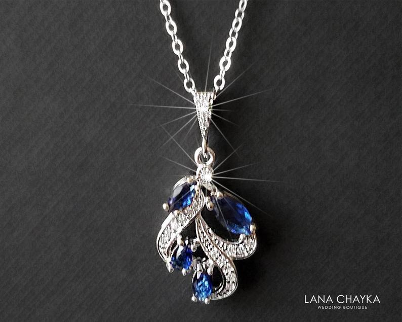 Wedding - Navy Blue Crystal Necklace, Sapphire Silver Floral Pendant, Wedding Blue Cubic Zirconia Necklace, Sapphire Crystal Necklace, Bridal Jewelry