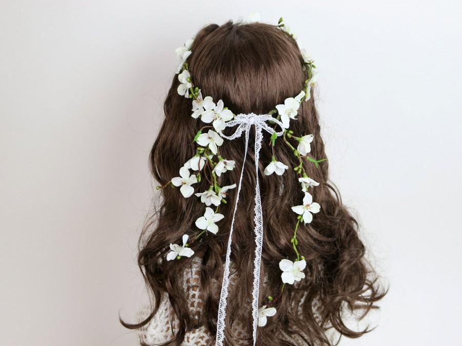 زفاف - Delicate White Cascade Flower Crown, Wedding Flower Crown, Cascading Floral Crown, Floral Headband, Flower Girl, First Communion, Woodland