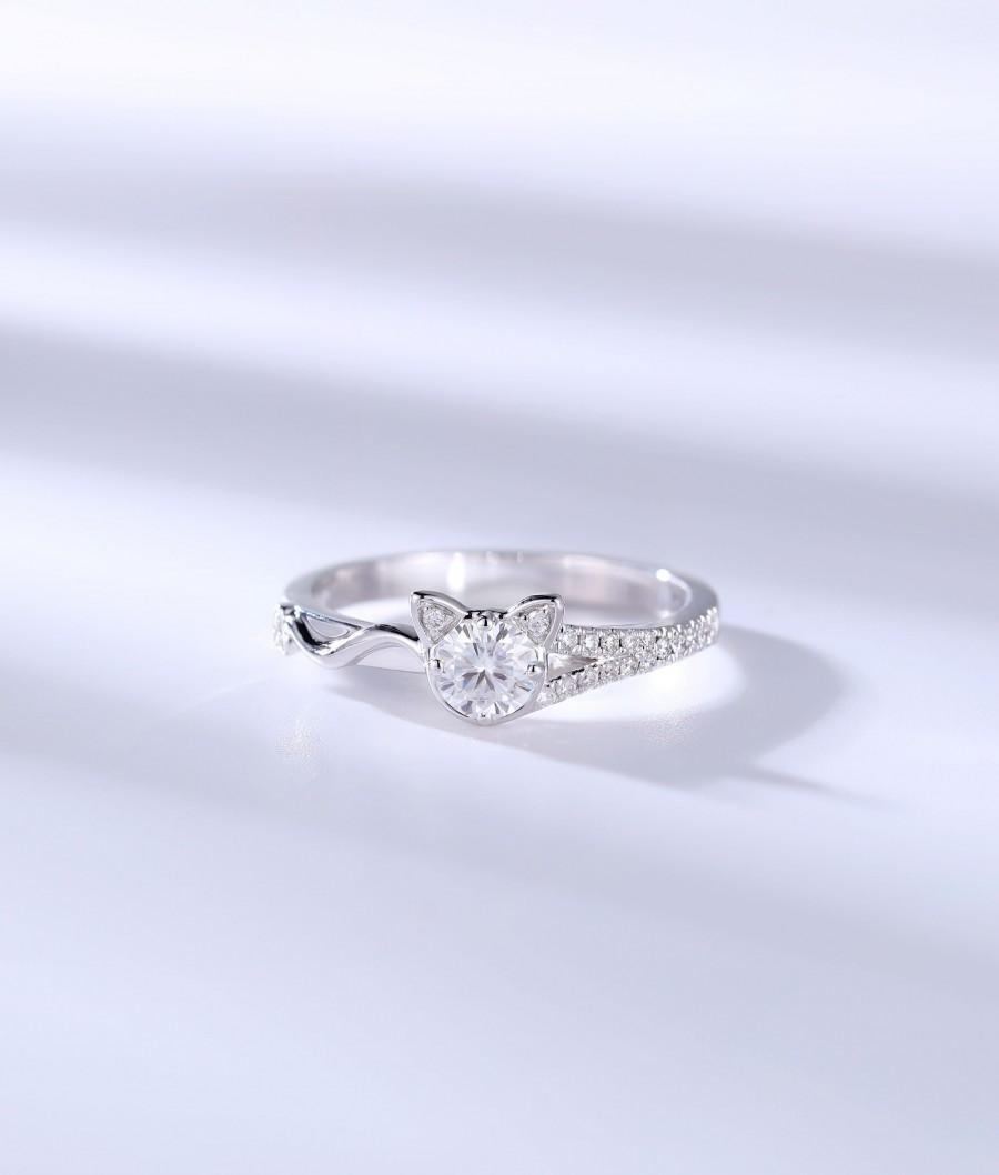 Hochzeit - Moissanite engagement ring for wome vintage white gold antique art deco unique cat alternative ring promise anniversary bridal ring