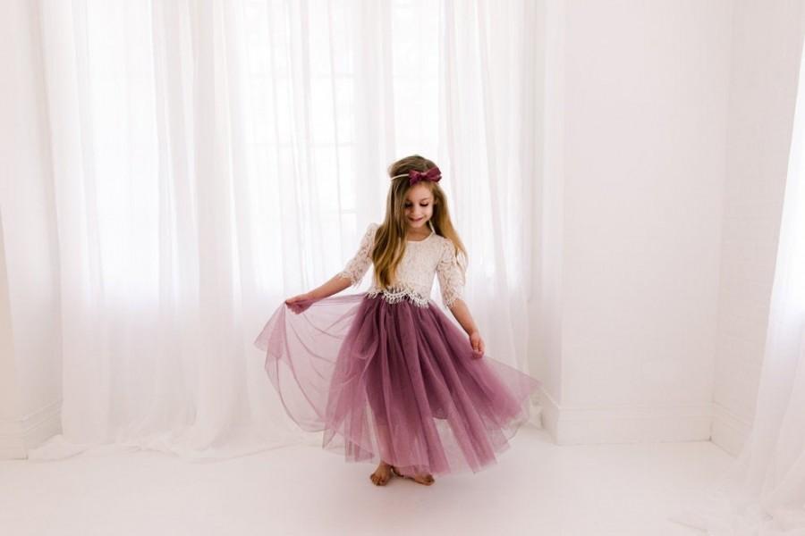 Mariage - Lilac Orchid Tulle Two Piece Skirt, White Lace Flower Girl Dress, Boho Beach Wedding, Buttons, Bohemian, Amethyst, Purple, Mauve, Violet