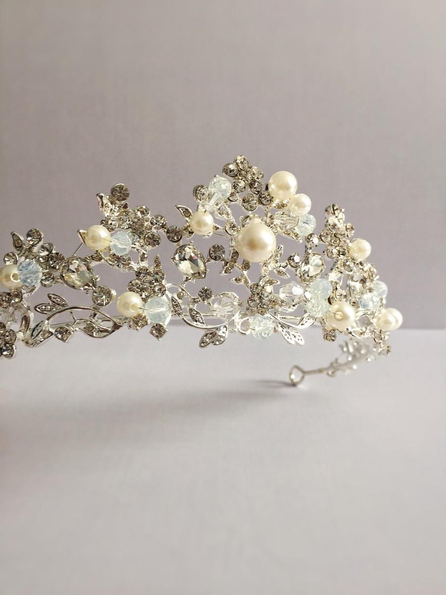 Свадьба - Wedding Crown Silver Plated Flowers Crystal Pearl Big Wedding Crown Headband Bridal Tiara Party Show Pageant Hair Accessories