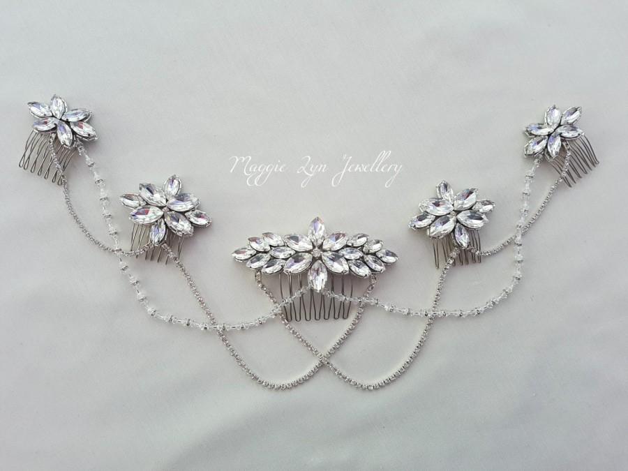 Hochzeit - Bridal wedding hairpiece headpiece headdress with sparkly diamante crystal rhinestones,  silver chains, back / around hair drapes. Accessory