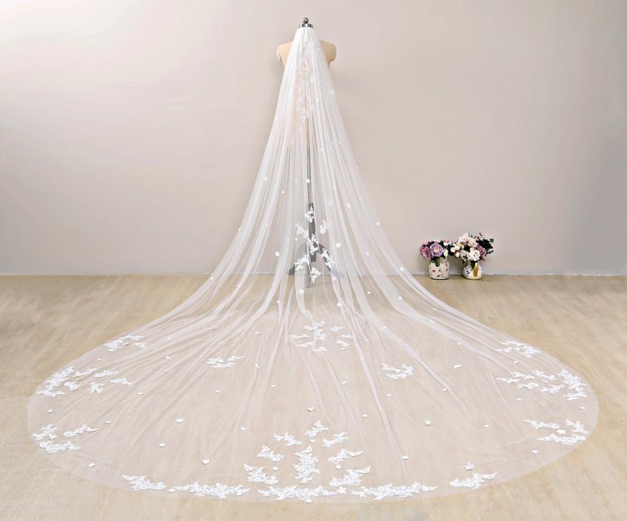 زفاف - Long Veil with 3D Flowers,Scattered Lace Veil Cathedral,Lace Applique Wedding Veil,Ivory Royal Cathedral Veil,White Chapel Bridal Veil Lace