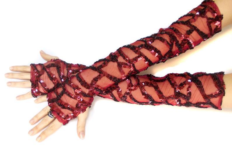 زفاف - Red Embroidered Lace Gloves Thumbhole Fingerless Shiny Long Gloves Dance Costumes Gloves Christmas Wedding Party Gift For Her Unique Gifts