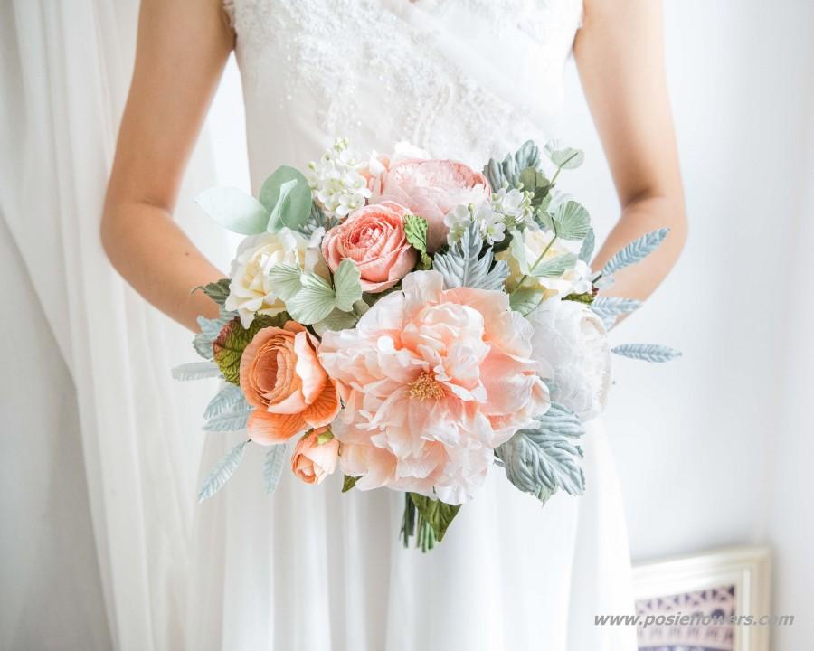 زفاف - Diameter 9" Hand tied Coral Peony, Paper Bridal Bouquet - Boho Paper Wedding, Boho Paper Bouquet
