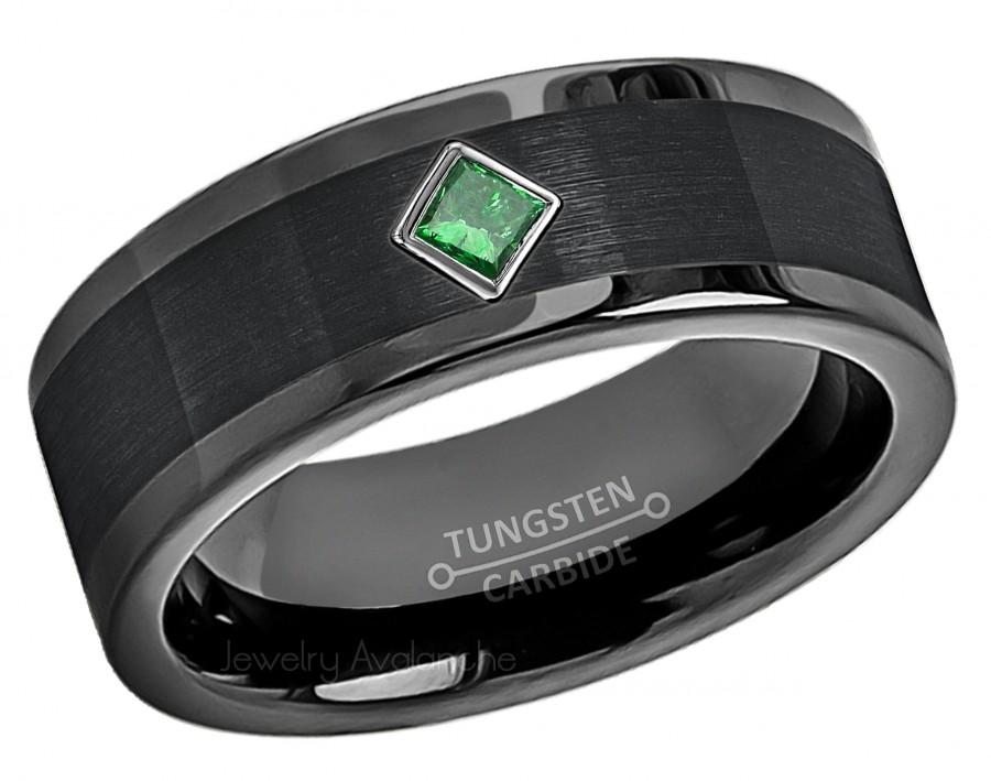 زفاف - Pipe Cut Black Tungsten Ring 0.10ctw Princess Cut Emerald Tungsten Carbide Wedding Band, Mens Tungsten Anniversary Band Comfort Fit TN374PD