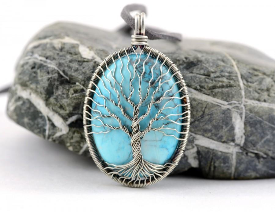 Wedding - Sterling Silver Blue Turquoise Tree of life Necklace Pendant December Birthstone 25th Anniversary gift
