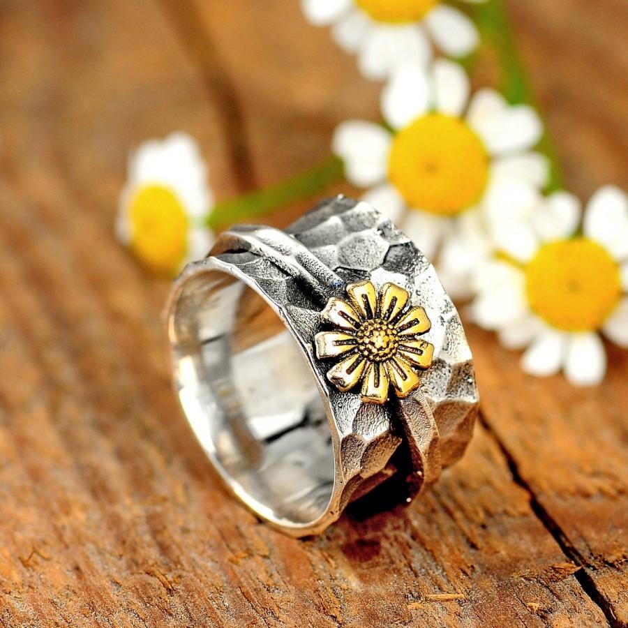 Wedding - Sunflower Spinner Ring, Sterling Silver Ring for Women, Nature Ring, Wide band Fidget Ring