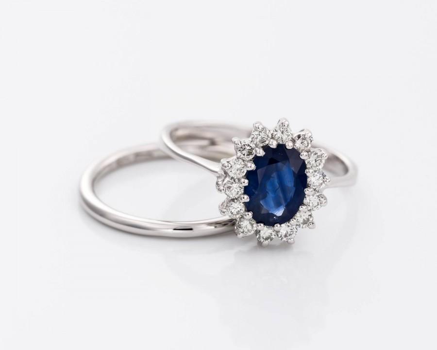 Mariage - 1 carat Sapphire wedding set white gild 14k -Engagement Ring-wedding band set-Vintage style diamond ring