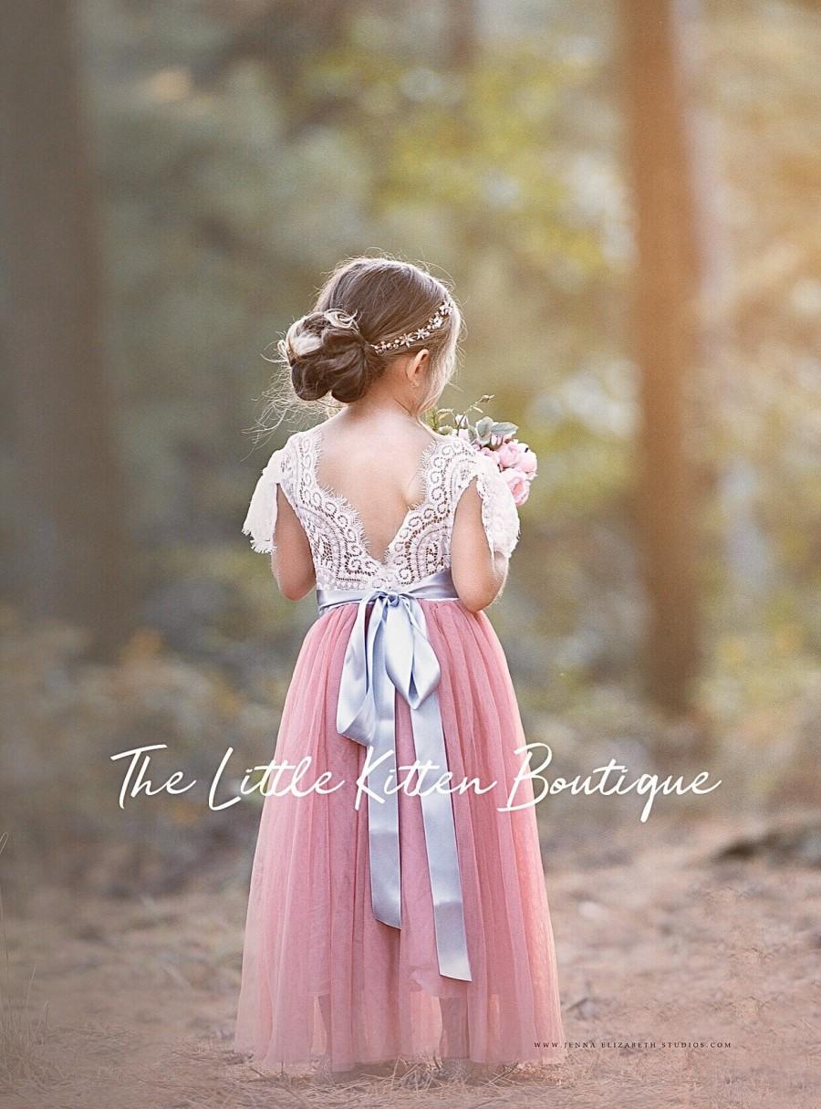 Wedding - tulle flower girl dress, rustic lace flower girl dresses, flower girl dress, boho flower girl dress, ivory flower girl dress, Dusty Rose