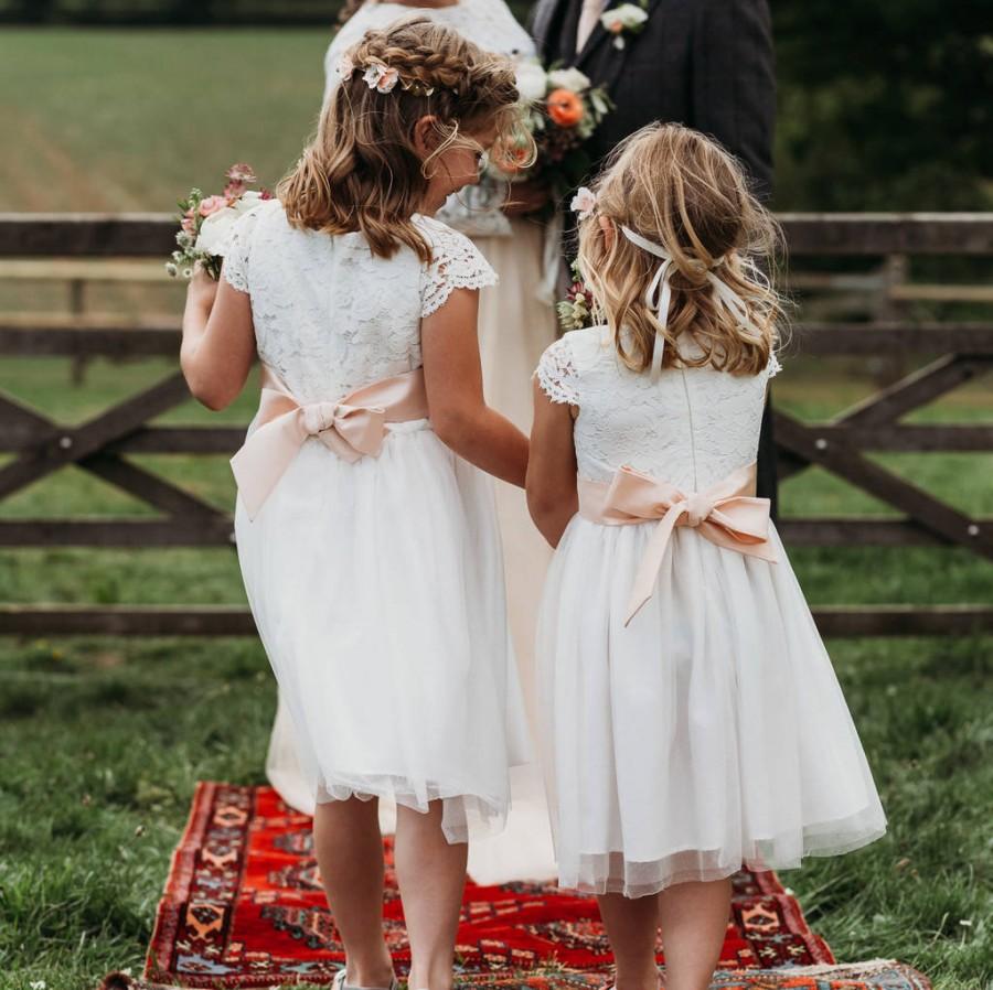 Mariage - White Lace and Tulle Flower Girl Dress With Silk Sash available in 40 colours by Matchimony