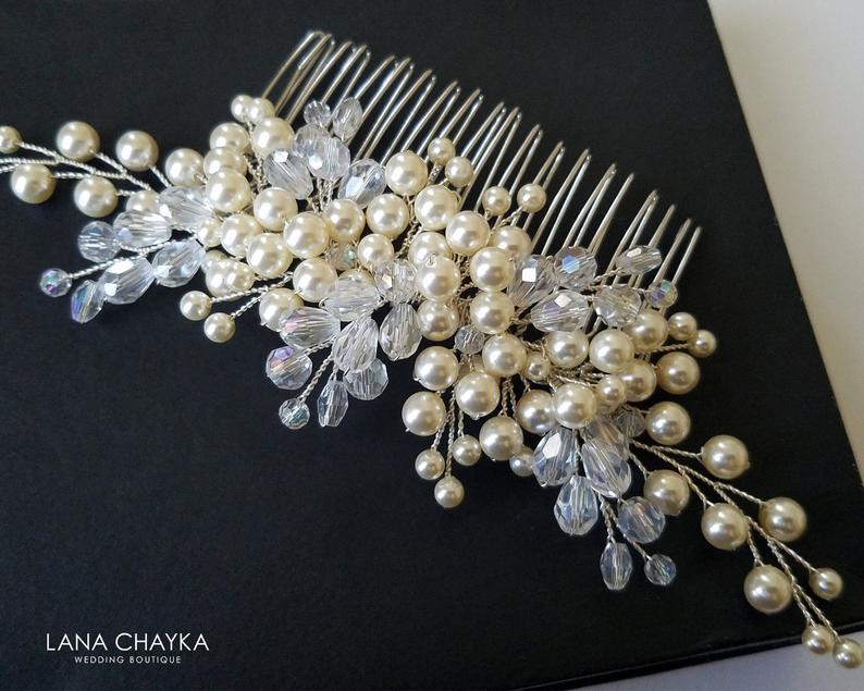 زفاف - Pearl Bridal Hair Comb, Ivory Pearl Hair Piece, Swarovski Ivory Pearl Hairpiece, Pearl Hair Jewelry, Pearl Crystal Headpiece, Wedding Comb
