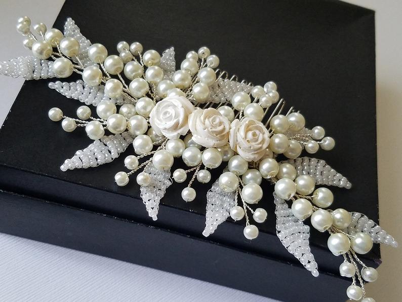 Wedding - Pearl Bridal Hair Comb, Wedding Ivory Silver Headpiece, Pearl Hair Jewelry, Floral Hair Piece, Wedding Pearl Comb, Bridal Hair Accessories