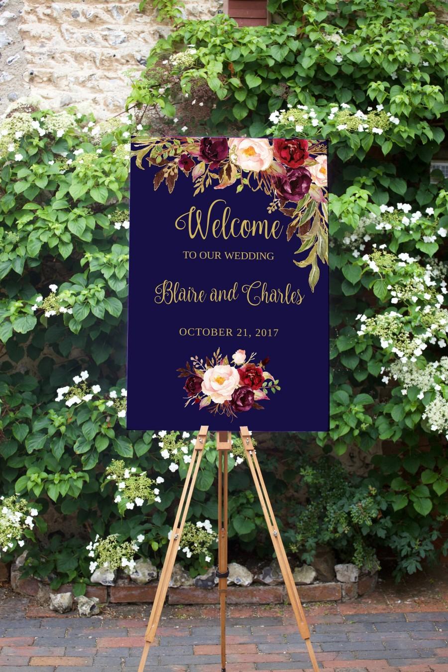 Wedding - Welcome Wedding Sign Template, Navy, Burgundy and Pink Floral Welcome Sign Printable, Rustic Welcome to our Wedding Sign Instant Download