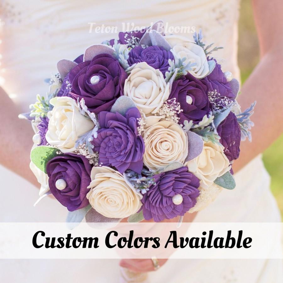 Hochzeit - Wood Flower Wedding Bouquet / Bridal Bridesmaid Bouquet / Wooden Sola Wood Flowers / Purple Lavender Violet White