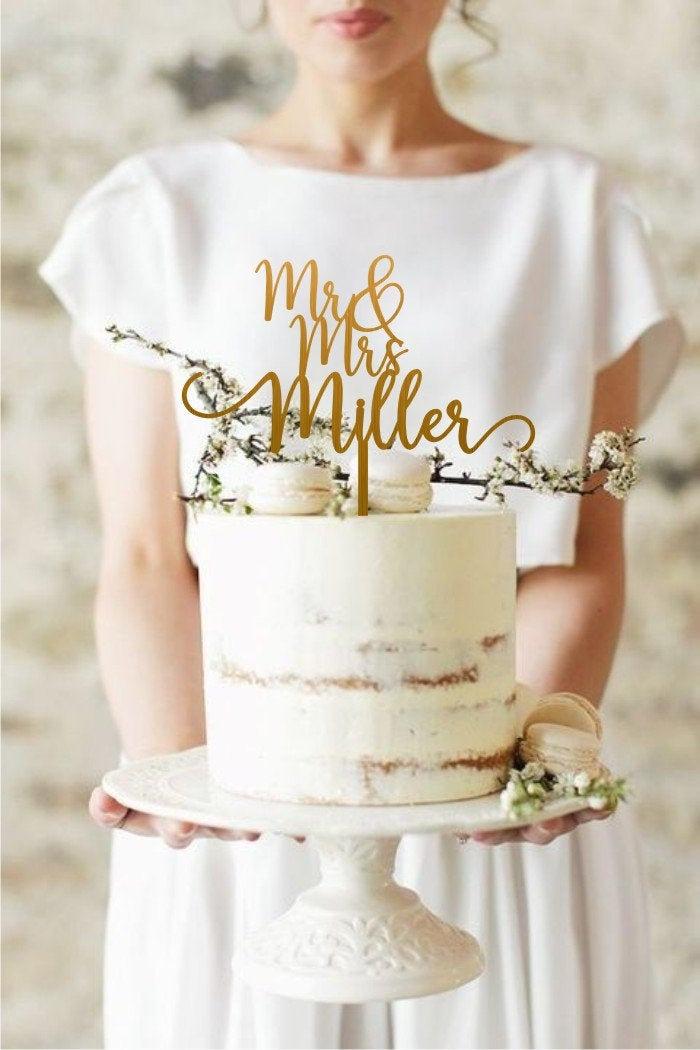 زفاف - Mr and Mrs Wedding Cake Topper, Gold Cake Topper for Wedding, Custom Last Name Wedding Cake Topper