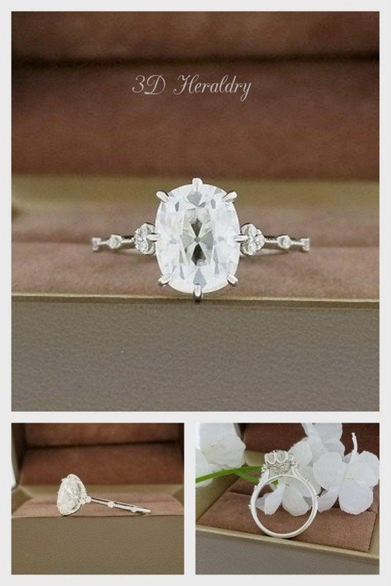 Hochzeit - Elongated cushion antique cut Moissanite engagement ring, OMC Old mine cut Harro gem, diamonds, 14k 18k yellow gold, white gold, rose gold