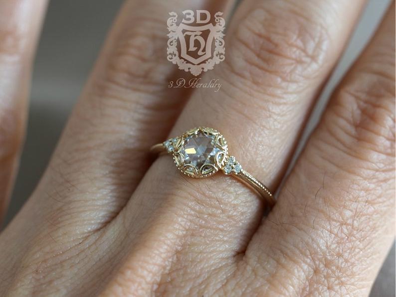 Wedding - Rose cut ring, Rose cut moissanite engagement ring and natural diamonds made in your choice of solid 14k white, yellow, or rose gold
