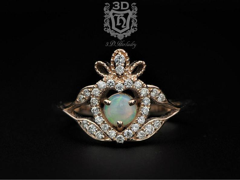 Wedding - Opal engagement ring-Claddagh opal ring-Australian opal ring-Floral opal ring-Diamond opal ring-14k 18k rose gold-white gold-yellow gold