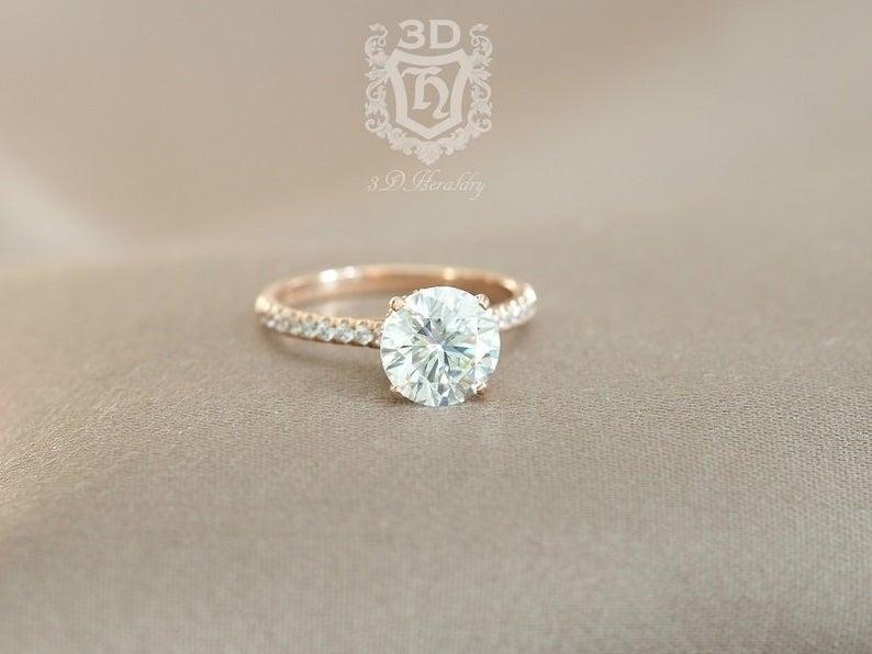زفاف - Moissanite ring 2ct Round diamond equivalent Forever one Moissanite engagement ring under halo hidden halo of natural diamonds 14k rose gold