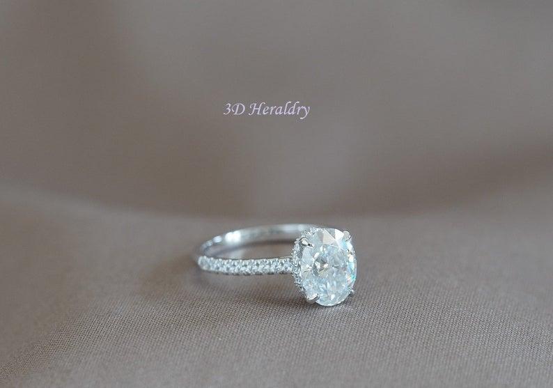 Wedding - Moissanite engagement ring, 2ct Crushed Ice Moissanite and diamond engagement ring under halo hidden halo of natural diamonds 14k gold