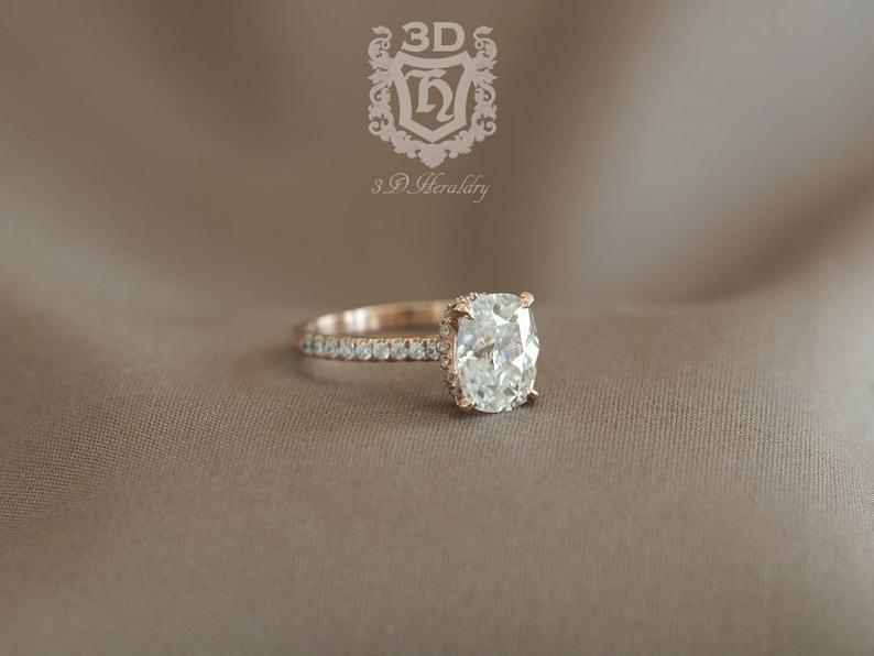 زفاف - Elongated cushion Moissanite ring, Moissanite engagement ring under halo hidden halo of natural diamonds 14k rose gold