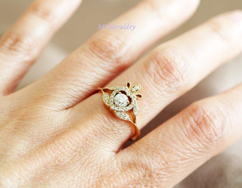 زفاف - Claddagh ring , Claddagh engagement ring unique floral leaf vine inspired design with natural diamonds in 14k gold